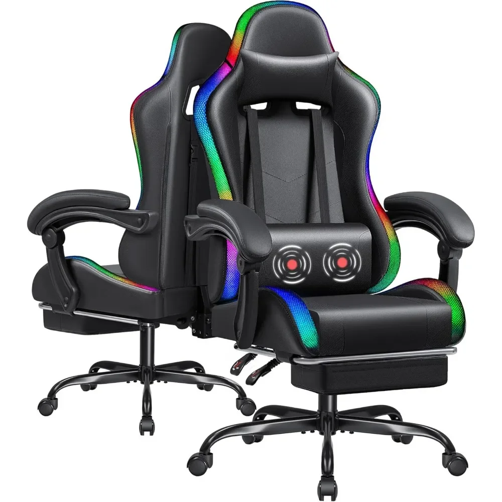 

Gaming Chair with RGB LED Lights, Video Game Chair with Footrest and Massage Lumbar Support, High Back Reclining Computer Chair