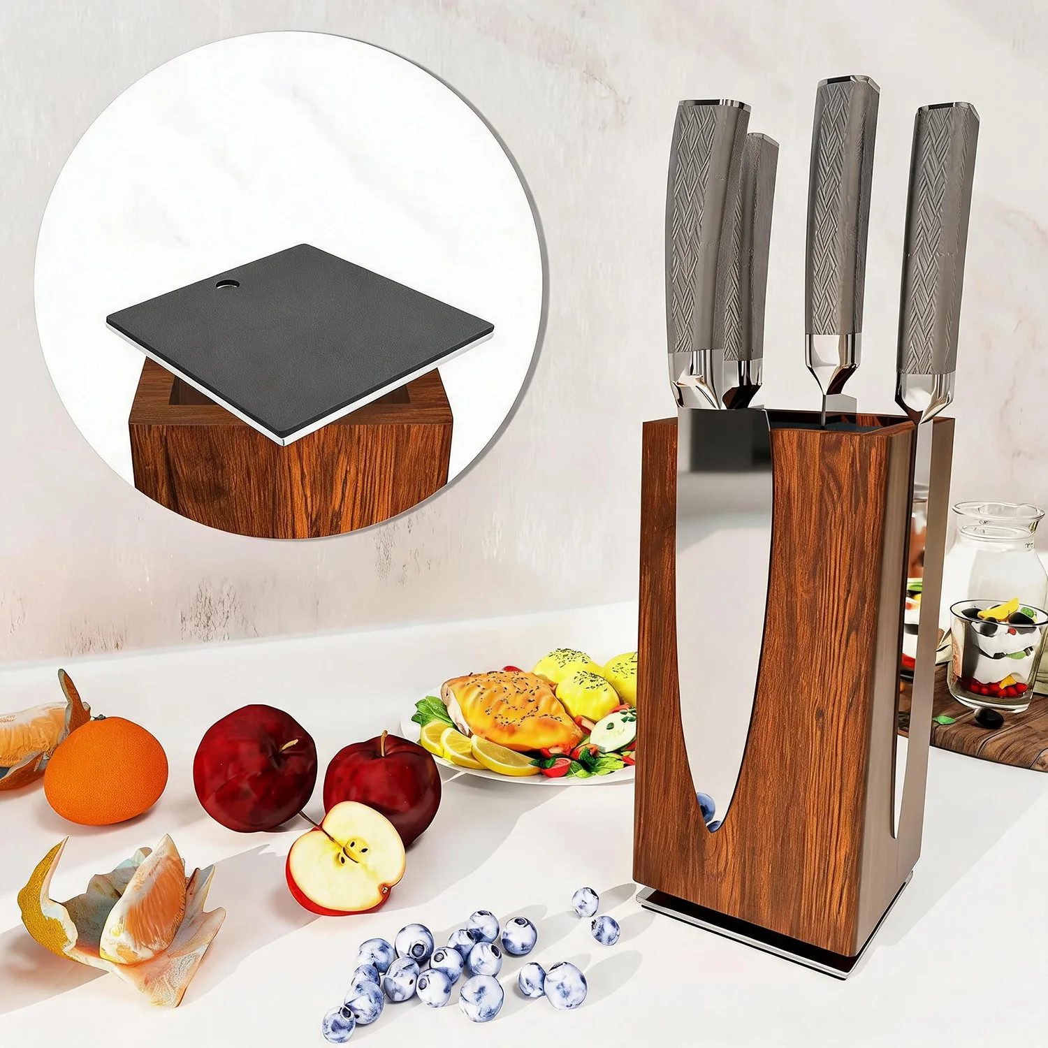 Magnetischer Messerblock Magnetischer Messerhalter aus Akazienholz 360° °   Rotierbar mit internem Stauraum, extra großer Messerhalter für Messer und Utensilien für die Küchenarbeitsplatte.
