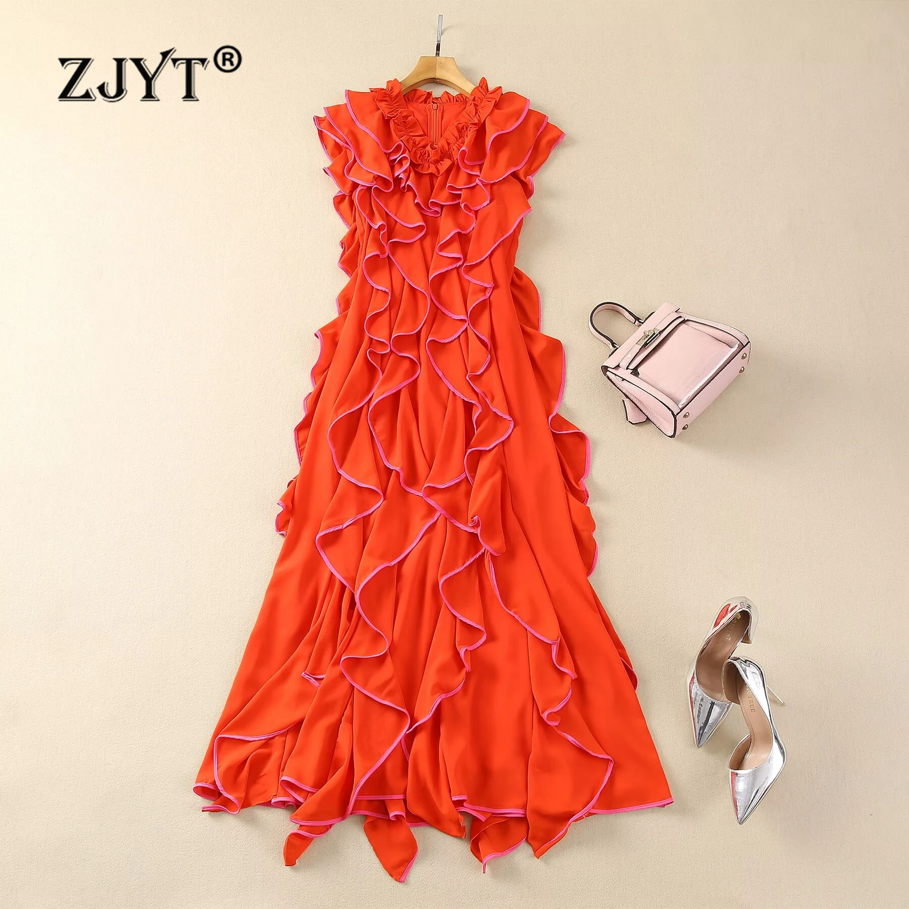 

ZJYT 2024 Summer Runway Long Party Dresses for Women Luxury Ruffles Patchwork Elegant Dress Sleeveless Holiday Casual Vestidos