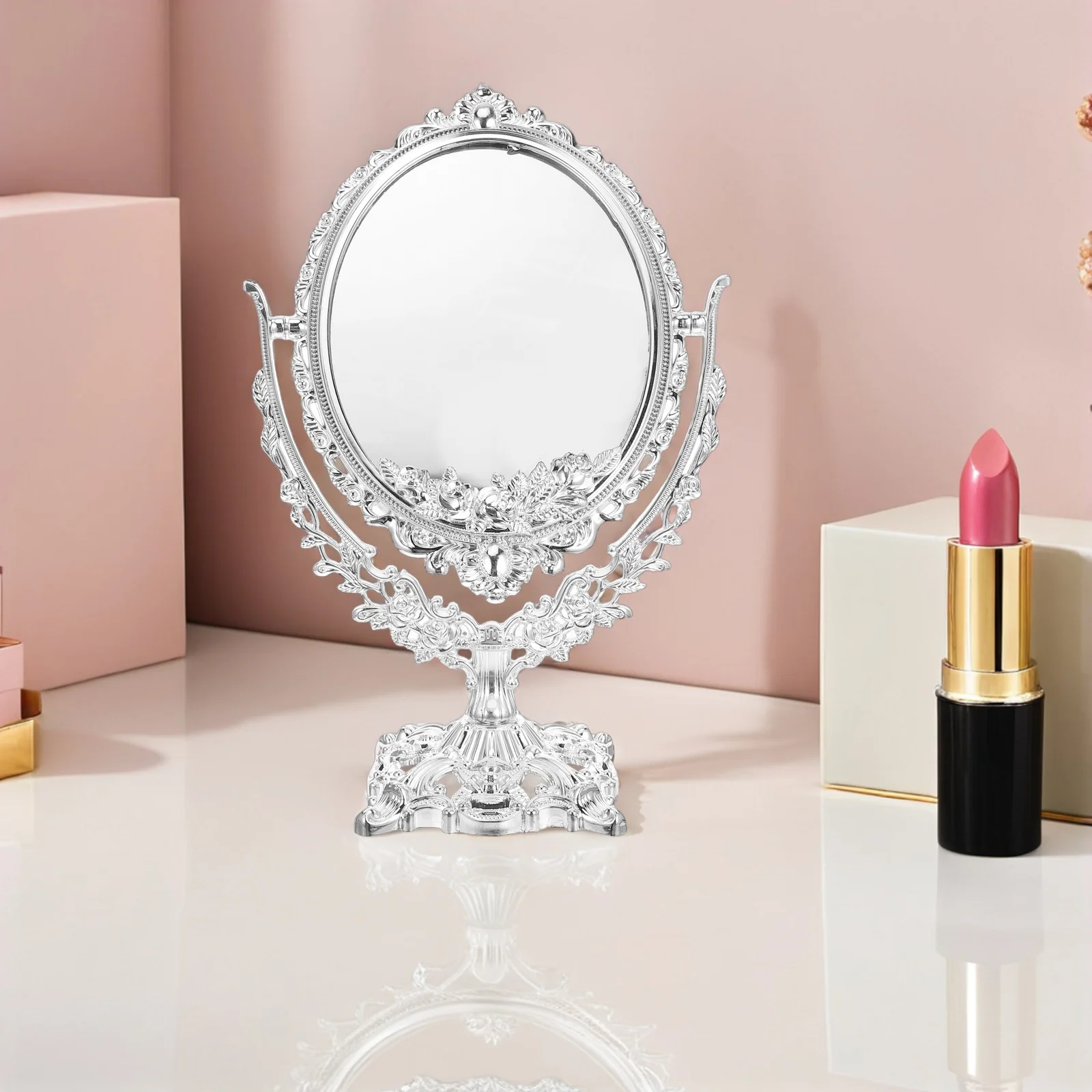 مرآة ماكياج خمر 360 قطب البيضاوي مزدوجة الوجهين عالية الوضوح الغرور منضدة الزينة الرجعية سطح المكتب مرآة مكتب دوارة