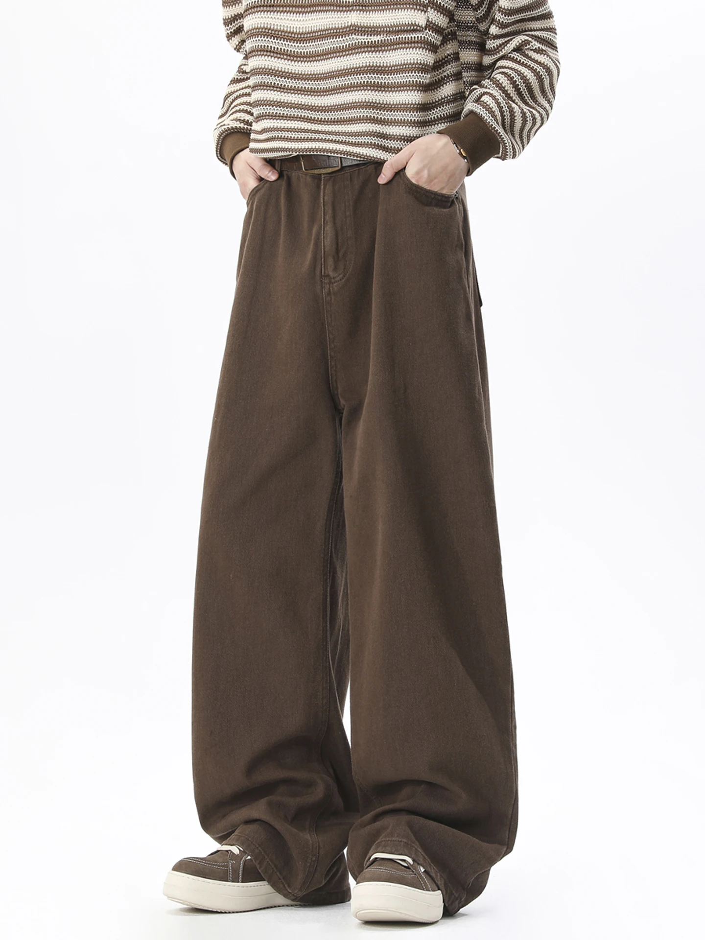 

Retro Waed Coffee Wide Leg Men's Jeans Straight Casual Loose Comfortable Cotton Trousers American High Street Sle