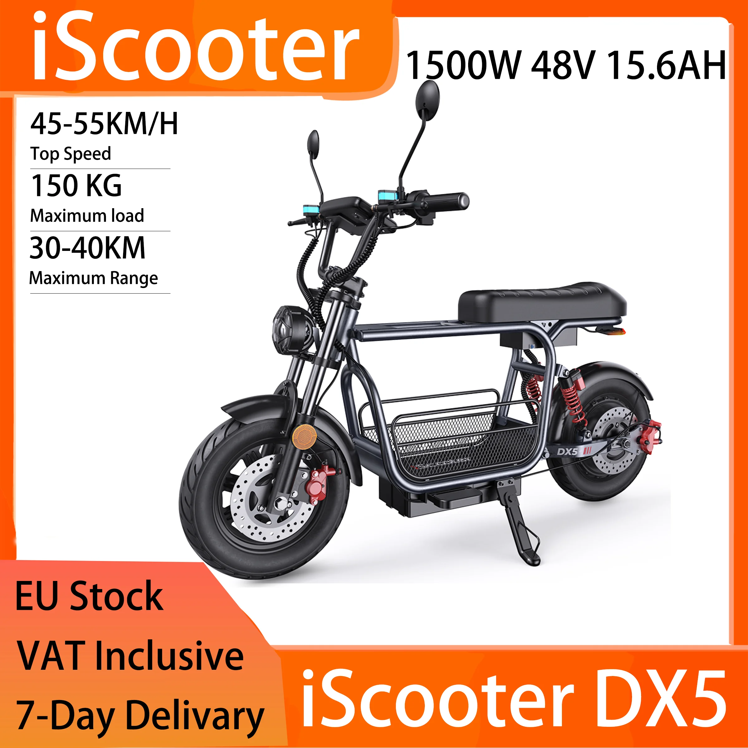 Bici elettrica iScooter DX5: motore da 1500 W, batteria 48 V 15,6 Ah, 40 km, freni a disco idraulici, carico 150 kg, NFC, pneumatici da 15x3,0 pollici