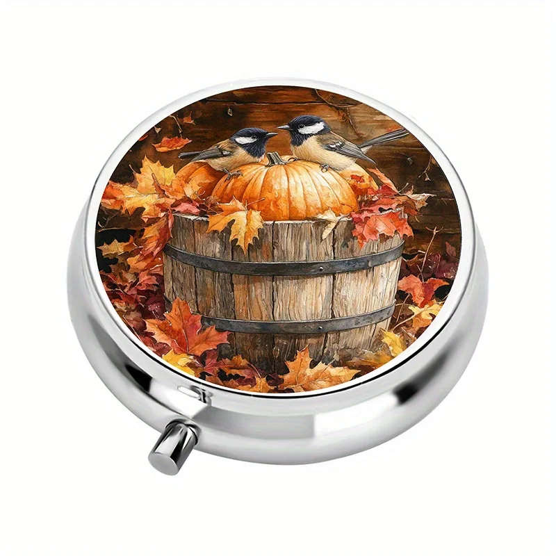 1-piece pill box, 3-compartment autumn harvest scene, mini pill box, medication storage box, unique gift for travel