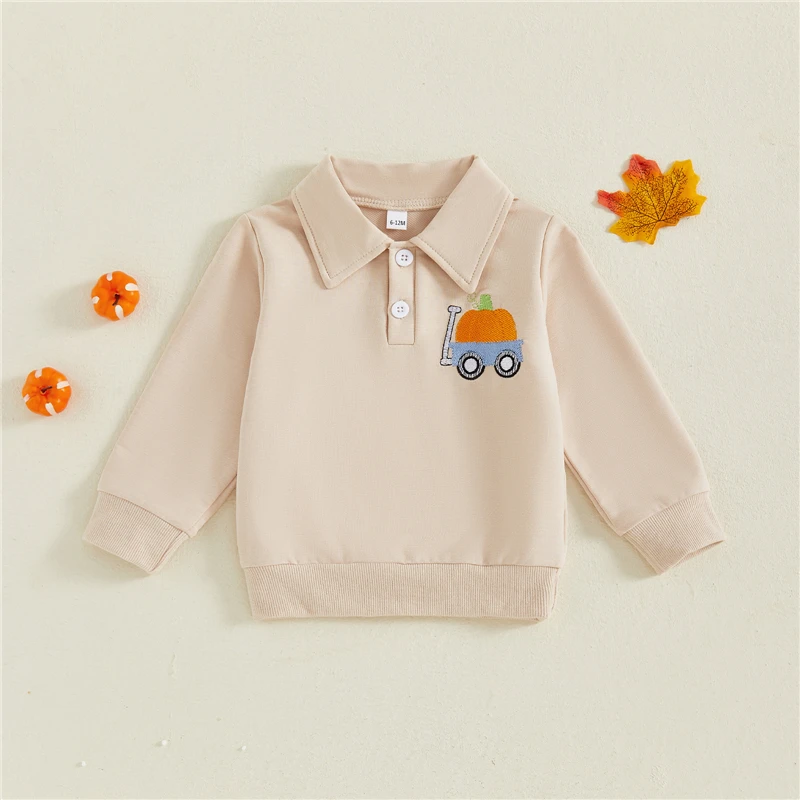 

Toddler Baby Boys Fall Sweatshirt Halloween Pumpkin Embroidery Button Up Lapel Long Sleeve Pullover Sweatshirt Kids Clothes