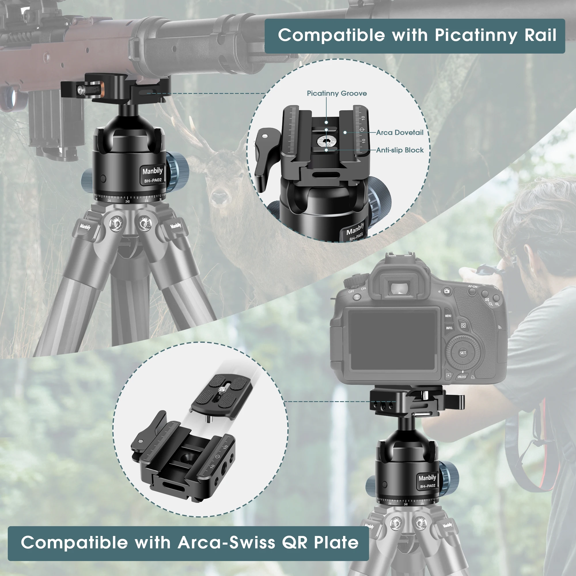 Manbily 44mm Low Profile Tripod Heads with Arca Swiss BH-PA02 CNC Heavy Duty Ball Head For Camera/Hunting Tripods Max Load 20KG