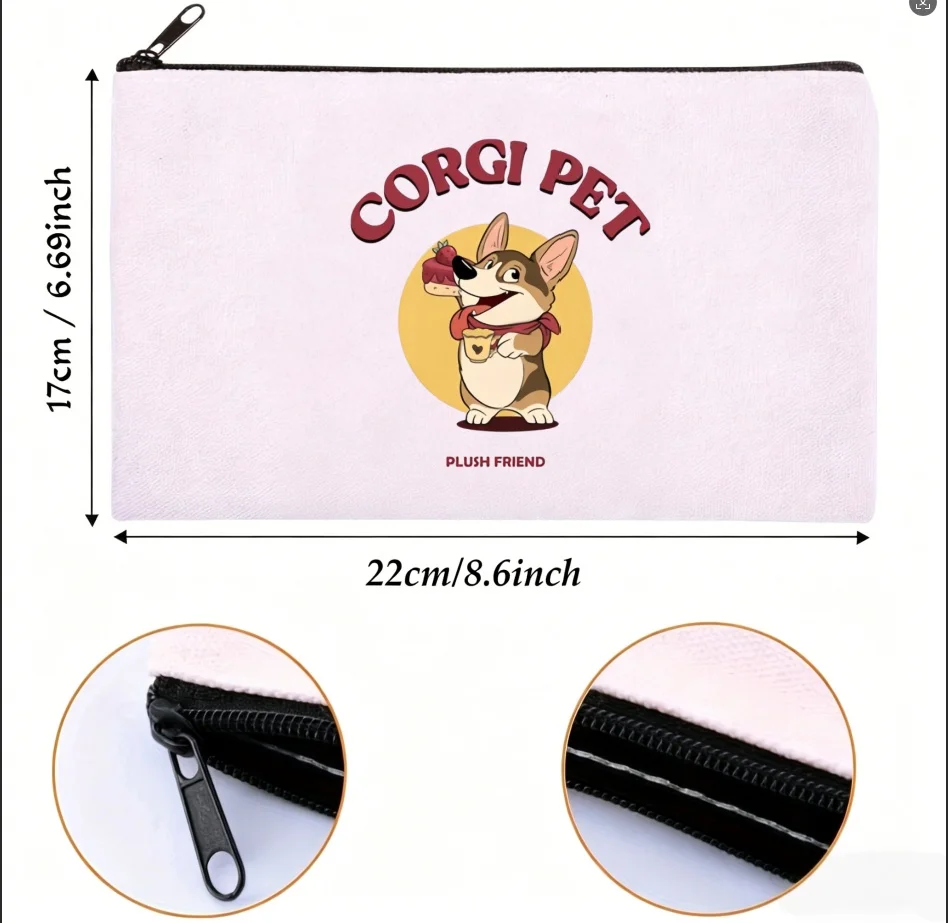 1PC Canvas Cosmetic Bag Cute Corgi Zipper Storage Pouch