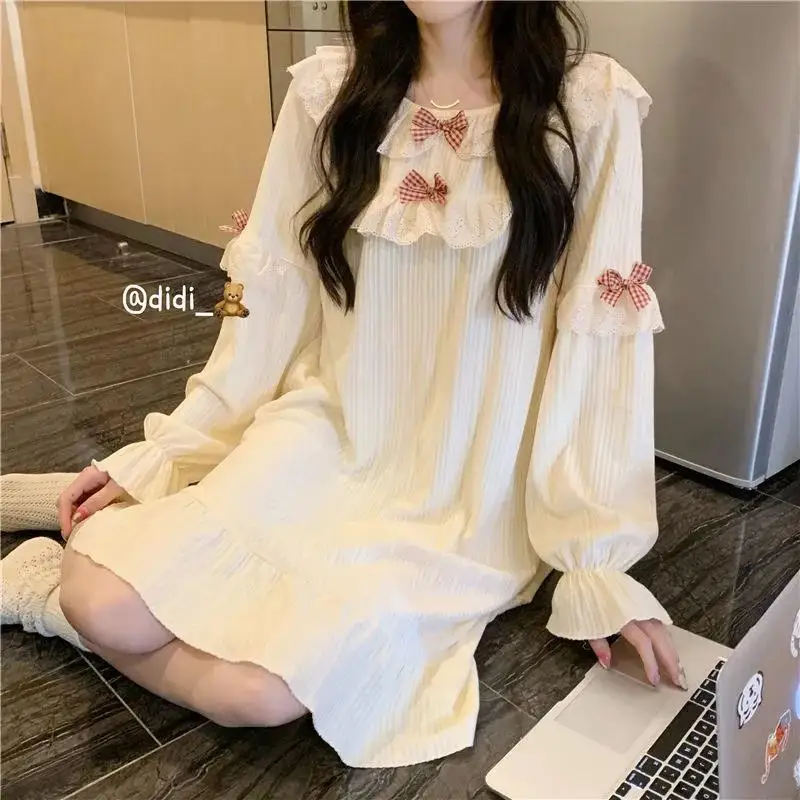 

Women's Sleeping Skirt Spring Autumn Long Sleeve Nightgowns Pajamas Courtly Style Nightdress Casual Home Clothes Dress New Style