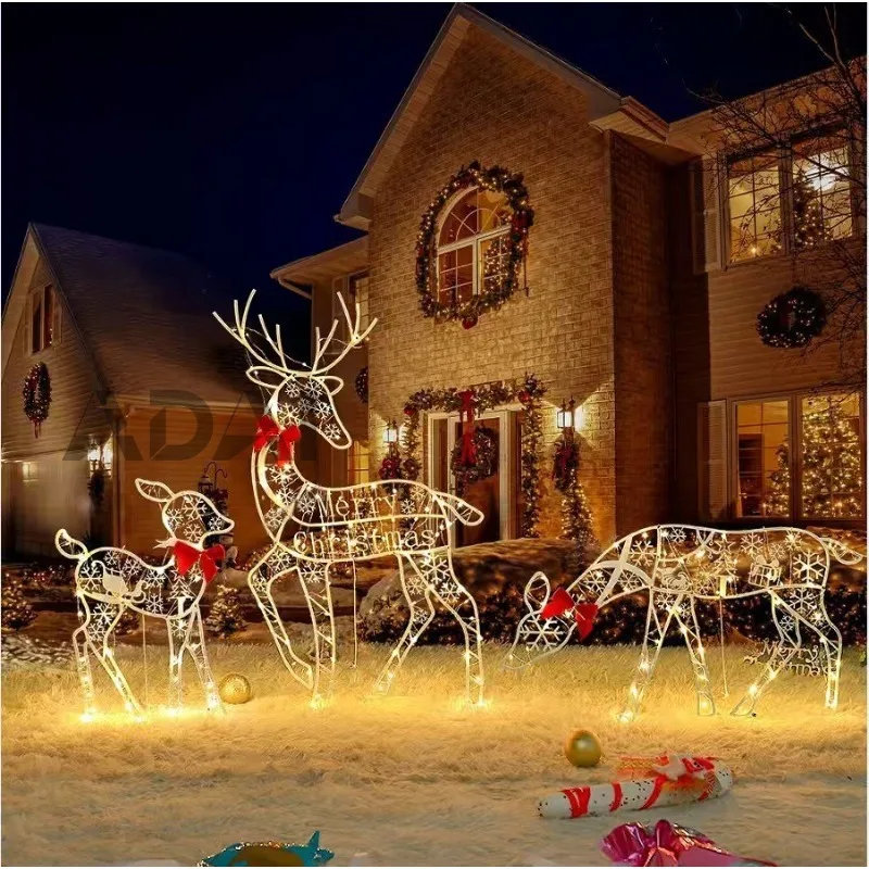 

Outdoor Christmas decorations include LED-lit deer, a three-piece metal figurine set of a family of three, and are waterproof