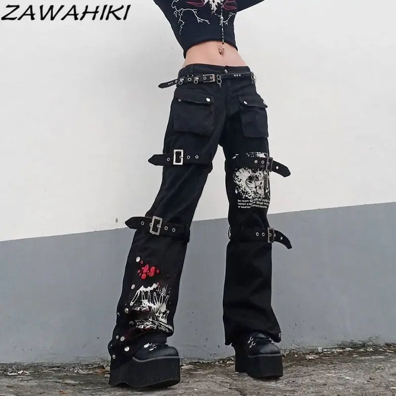 

ZAWAHIKI Baggy Jeans Women Bandage Grunge Graphic Print Japanese Sweet Y2K Aesthetic Fashion All Match Kpop Denim Pants Mujer