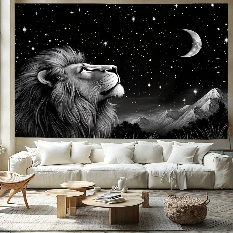 Majestic Lion Starry Night Tapestry Wall Decor Bohemian Galaxy Moon Landscape Art Black and White Luxury Living Room Tapestry