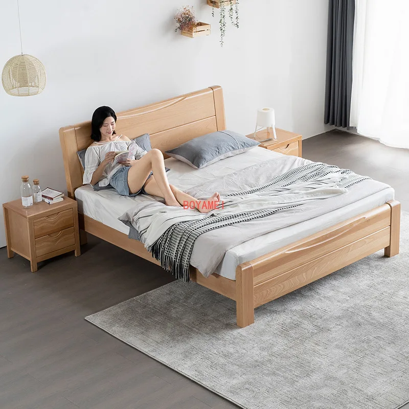 Economic beech solid bed simple Chinese solid bed 1.5m 1.8m double bed bedroom hard bed