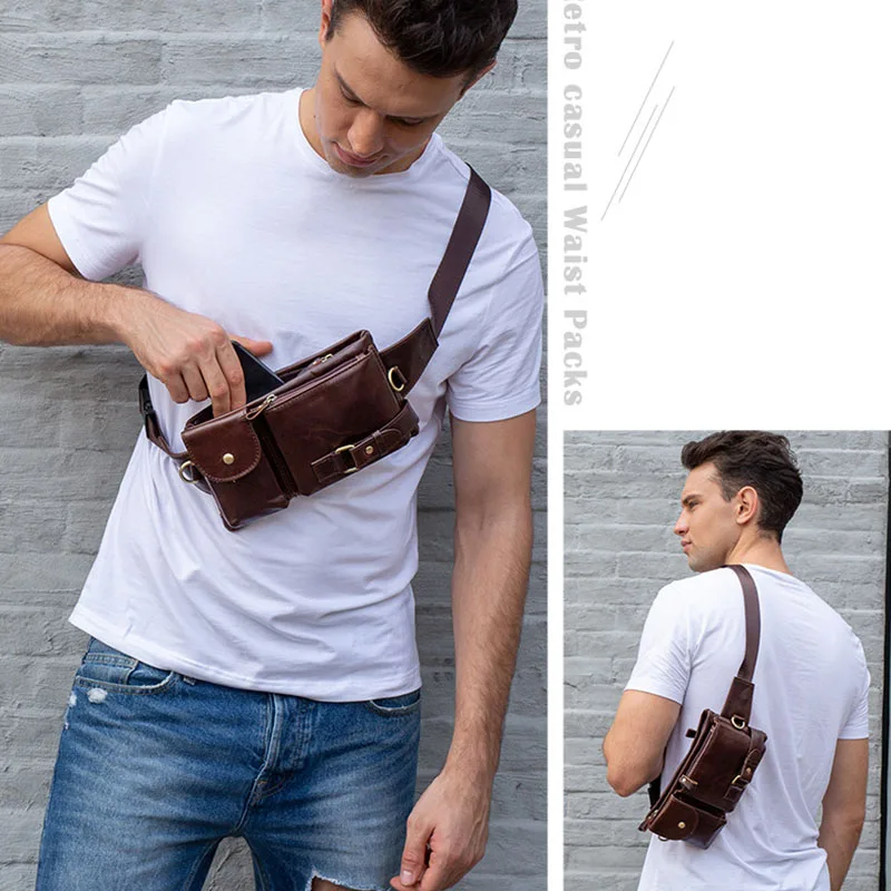 Riñonera informal de cuero genuino para hombre, bolsa de teléfono, bolso cruzado pequeño deportivo, paquete de pecho de viaje para motociclista