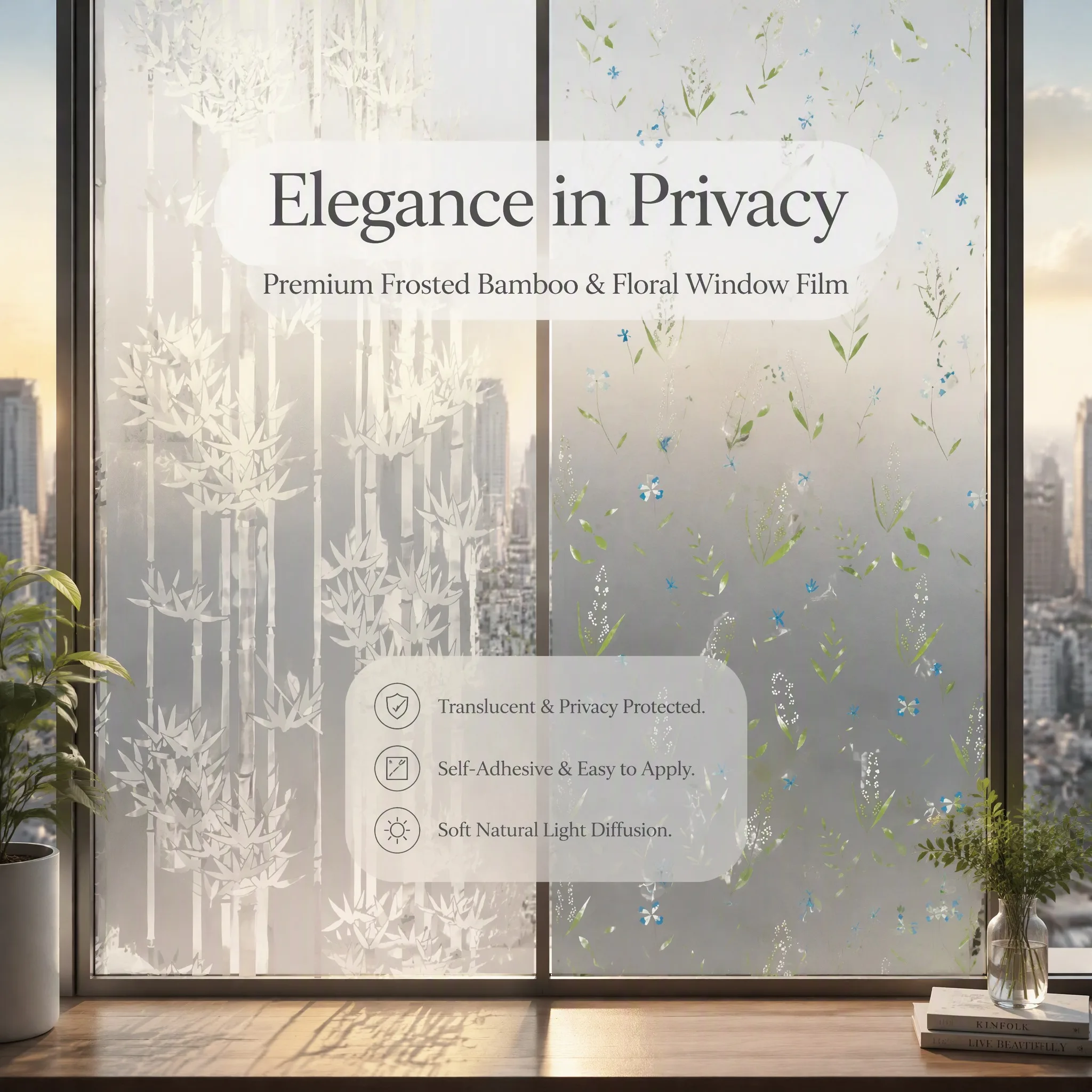 Bamboo Pattern Self-Adhesive Frosted Window Film Frosted Wild Floral Window FilmPrivacy  Diffusing Home Glass Decor Sticker