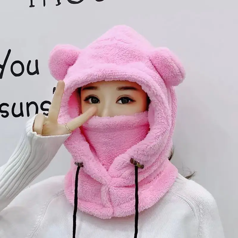 Women Youth Girls Winter Cute Cartoon Plush Bear Ears Hats Balaclava Warm Bear Hooded Hat Ear Protection Cap Windproof Thick