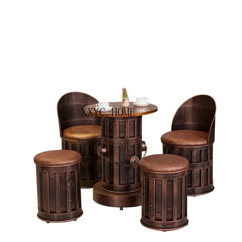 

Customized Wrought Iron Old Round Stool Chair Retro Industrial Style Bar Table and Chair Oil Drum Table and Chair Combination