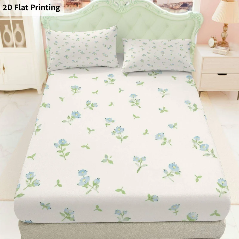 3Pcs Bluefloralpastel Fitted Sheet Three Piece Set (1*Fitted Sheet + 2*Pillowcases, Coreless), Bedding Set