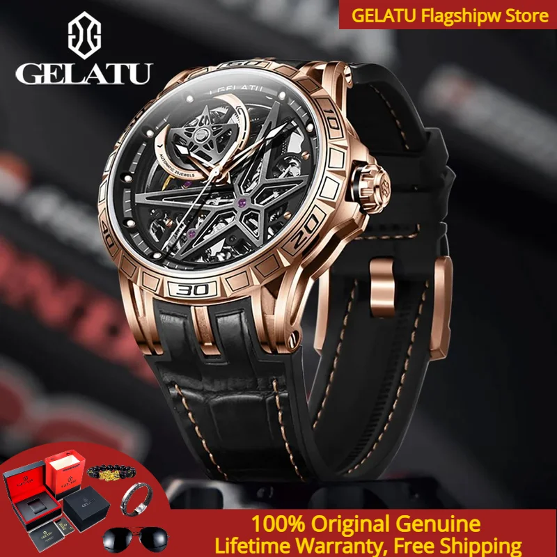 

GELATU 6009 Men's Hollow Top Luxury Brand Fully Automatic Mechanical Watch HD Large Dial Sapphire Mirror Waterproof Sports Watch