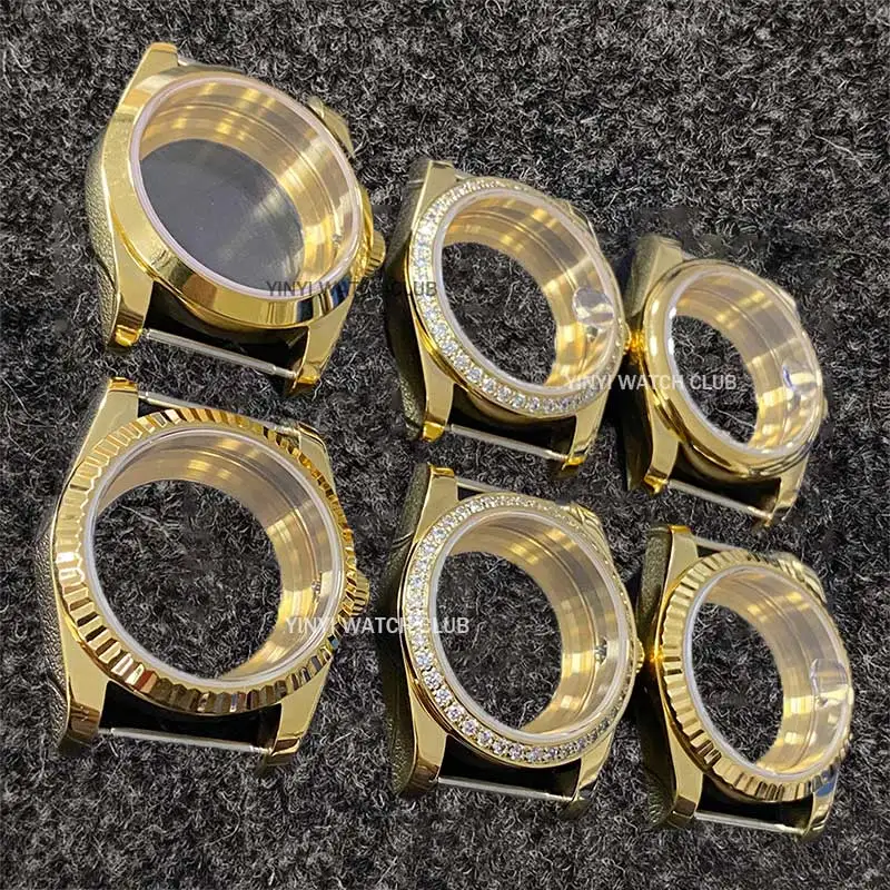 

36mm 39mm Watch Case Gold for nh35 36 4R dense bottom gold sapphire glass Watch Accessories Fit NH35 NH36 4R36 movement