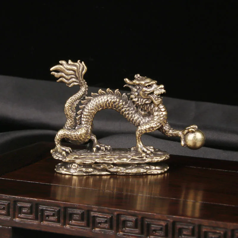 Bronze Dragon Playing with Pearl Desktop Ornament Zodiac Dragon Bronze Sculpture Craft Office Decorative Bronze Artifact
