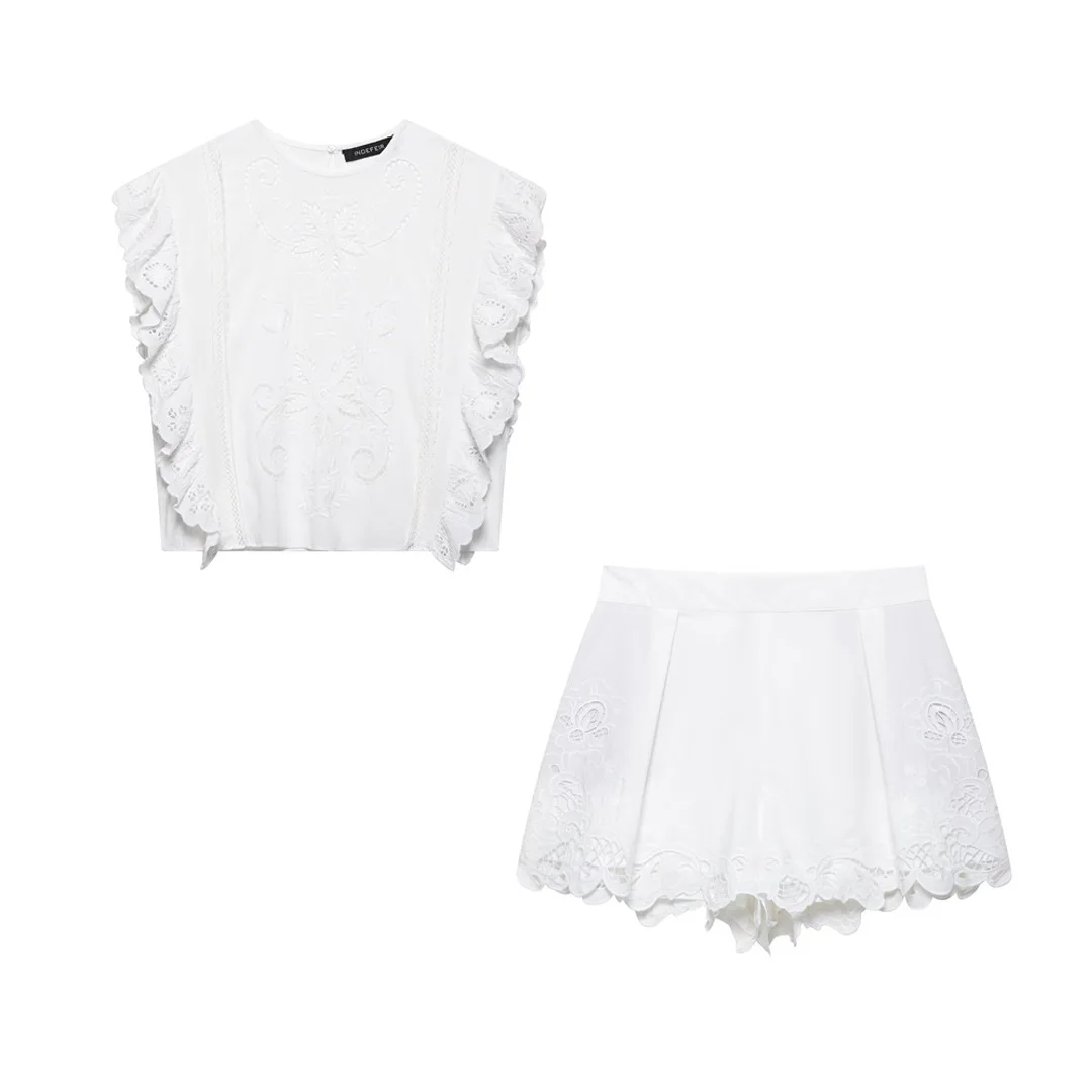 

Summer College Student Two Piece Skirt Set Embroidered Hollowed Out Top+Half Body Shorts Skirt Embroidery Casual Set