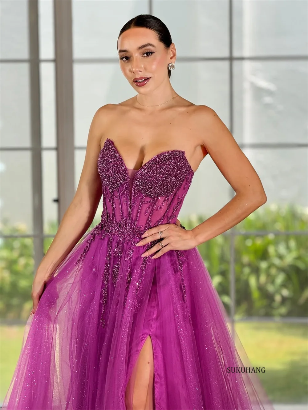 SUKUHANG فاخر دبي فوشيا تول فستان سهرة للنساء الزفاف قبالة الكتف المشاهير فستان حفلة الوهم مشد مخصص #4