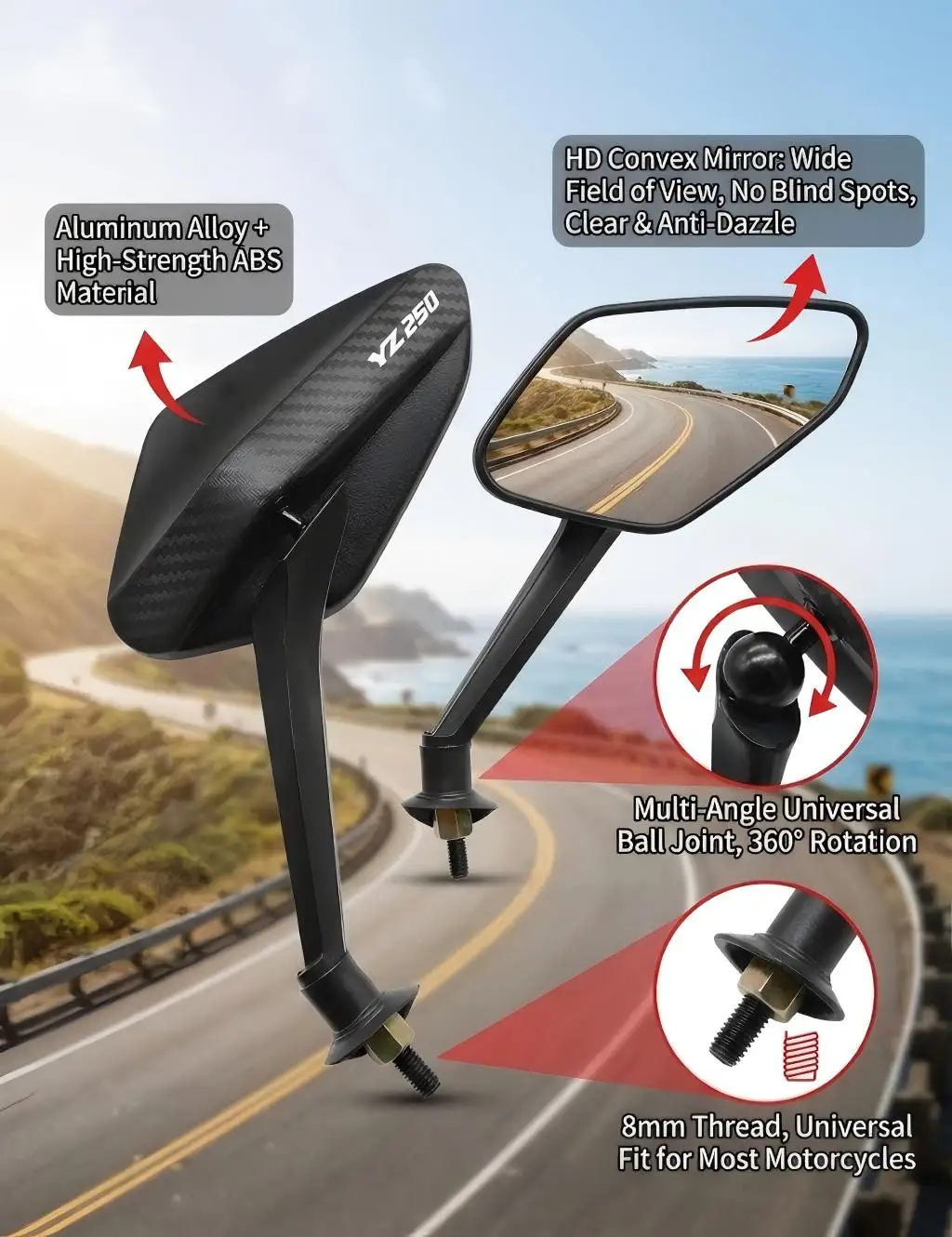 

Motorcycle Carbon Fiber Rearview Side Mirror For YAMAHA YZ250 Adjustable universal aluminum alloy motorcycle mirror