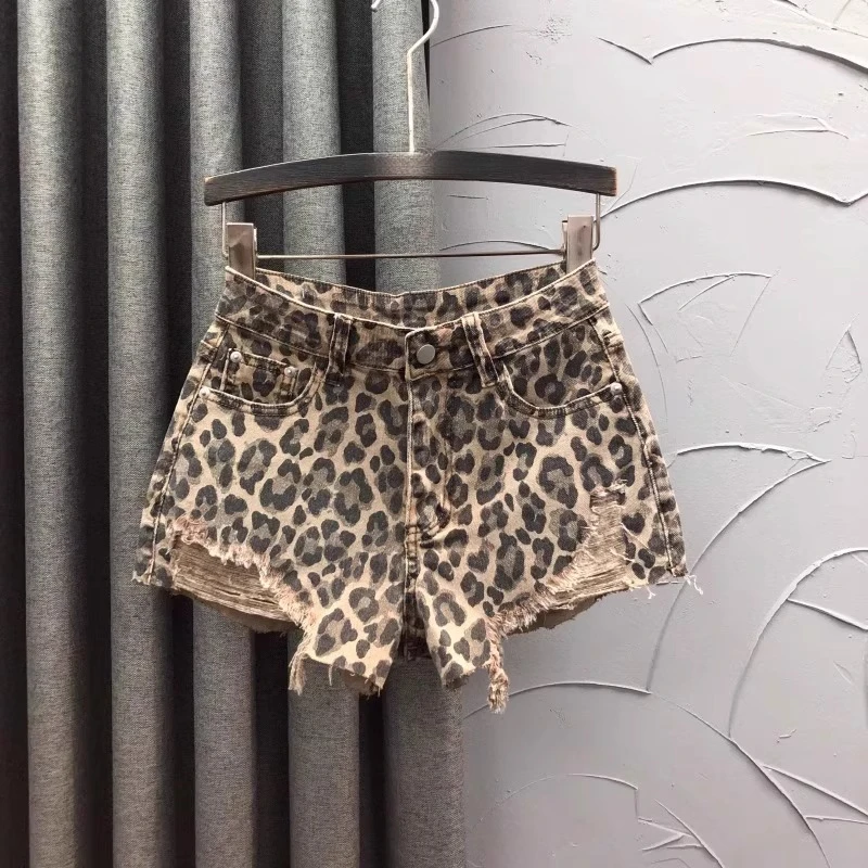 Sexy Leopard Print High-waisted Denim Women's Shorts 2026 Summer Fashion A-line Trendy Frayed Wide-leg Shorts