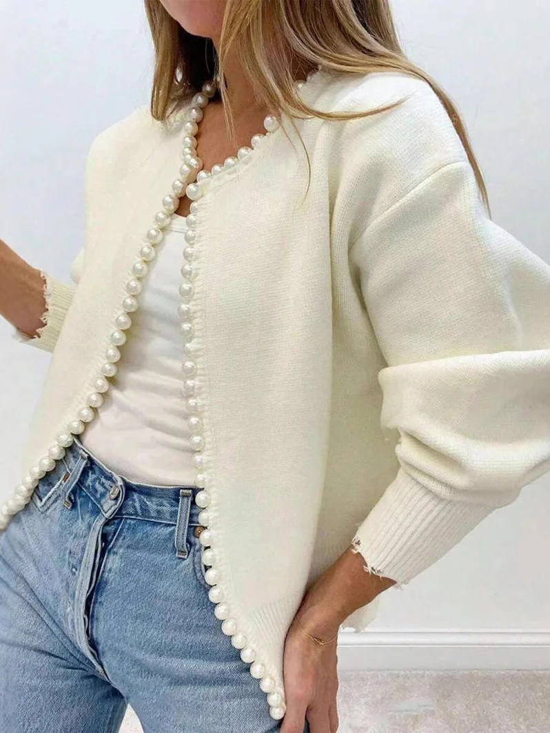 

Spring Autumn Knitted Loose Cardigan Women's Faion European Sle Polyester Fiber Pure Color Casual Single Piece