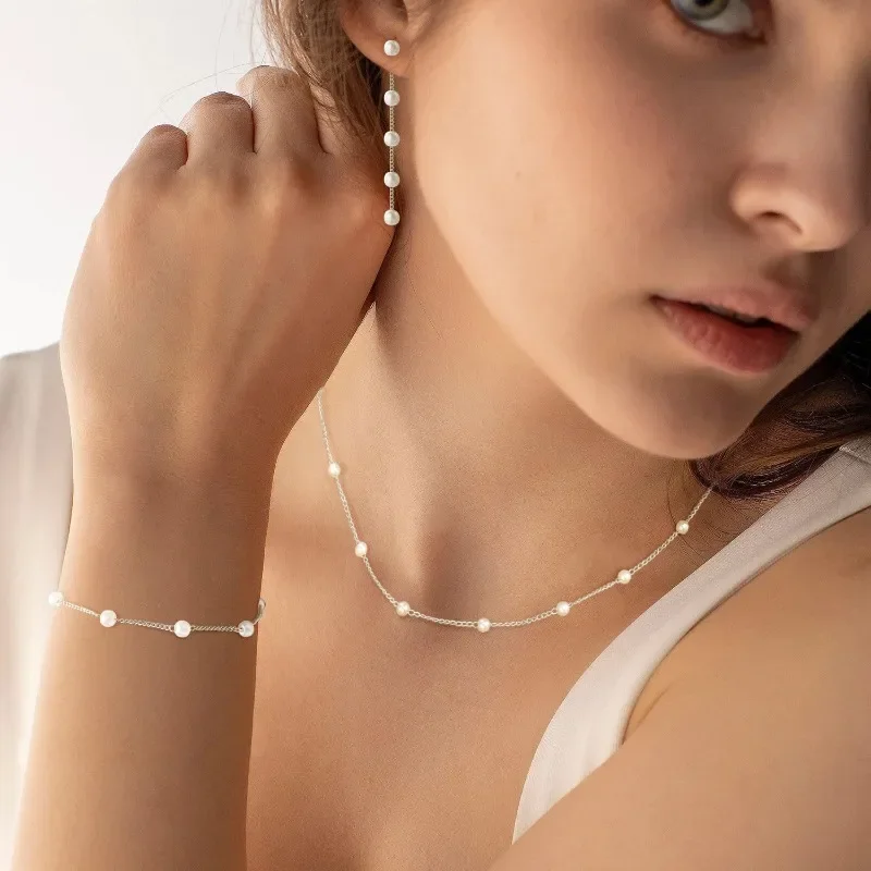 Minar Simple Simulated Pearl Jewelry Sets for Women 14K Real Gold Plated Brass Chain Strand Chokers Necklaces Bracelet Earrings