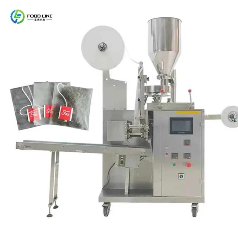 Customized High Precision Automatic Small Tea Bag Packer Motor Driven System With Labeling For Inner Outer Plastic Foil Pouch