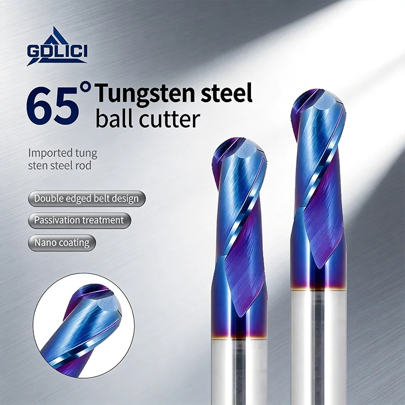65HRC Nano Blue Coating Tungsten Steel 2 Flute Ball Nose End Mill, Solid Carbide CNC Milling Cutter for Mold Finishing
