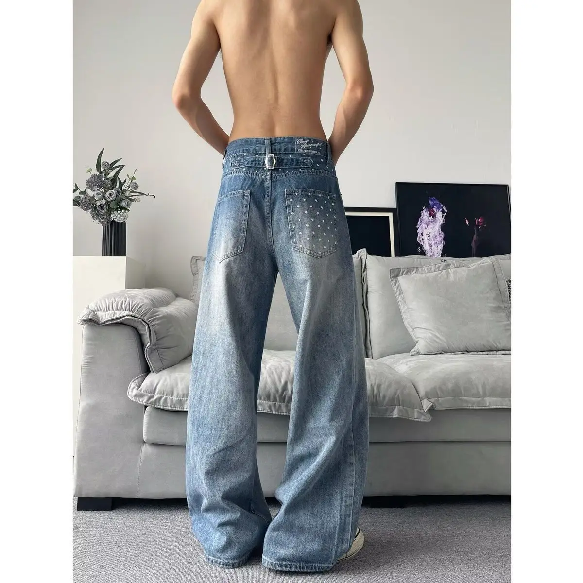 Men's Retro Blue Jeans Vibe Casual Pants Wide Legs Sweatpants Cool Boy Summer Bottom Male High Waist Unisex Baggy Y2k Trousers
