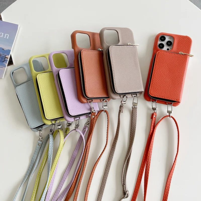 Card Bag Wallet Cases for iPhone 14 15 13 Pro Max Sases Leather Zipper Lanyard Phone Case for iPhone 14 15 Plus Sases