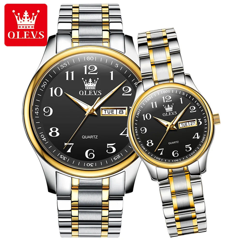 

OLEVS5567 Quartz Watches for Men and Woman Couple Watch Luxury Stainless Steel Lover Watches Fashion Gold Lover's Wristwatch Set