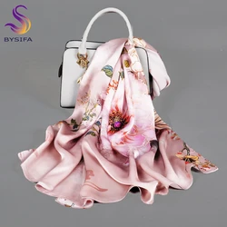 BYSIFA|Brand Grey Pink Silk Scarf Shawl Foulard Chain Style Peony Design Long Scarves Fall Winter100% Silk Ladies Scarf 170*53cm