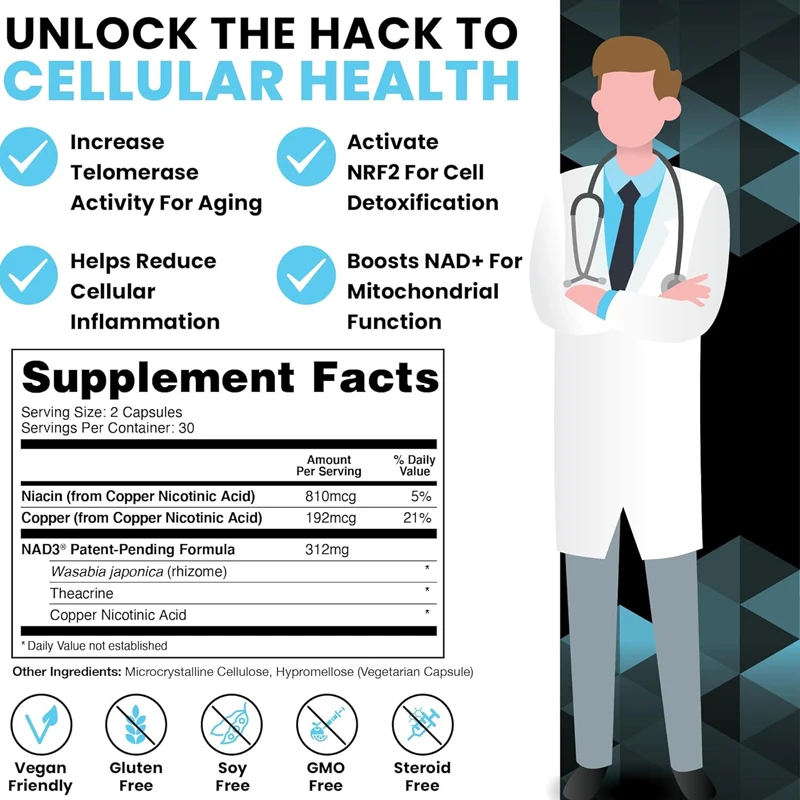 Suplemento NAD - Reemplazo de nicotinamida nucleosa para hombres y mujeres (NAD3) |   Activador NRF2 antienvejecimiento, superior a NADH