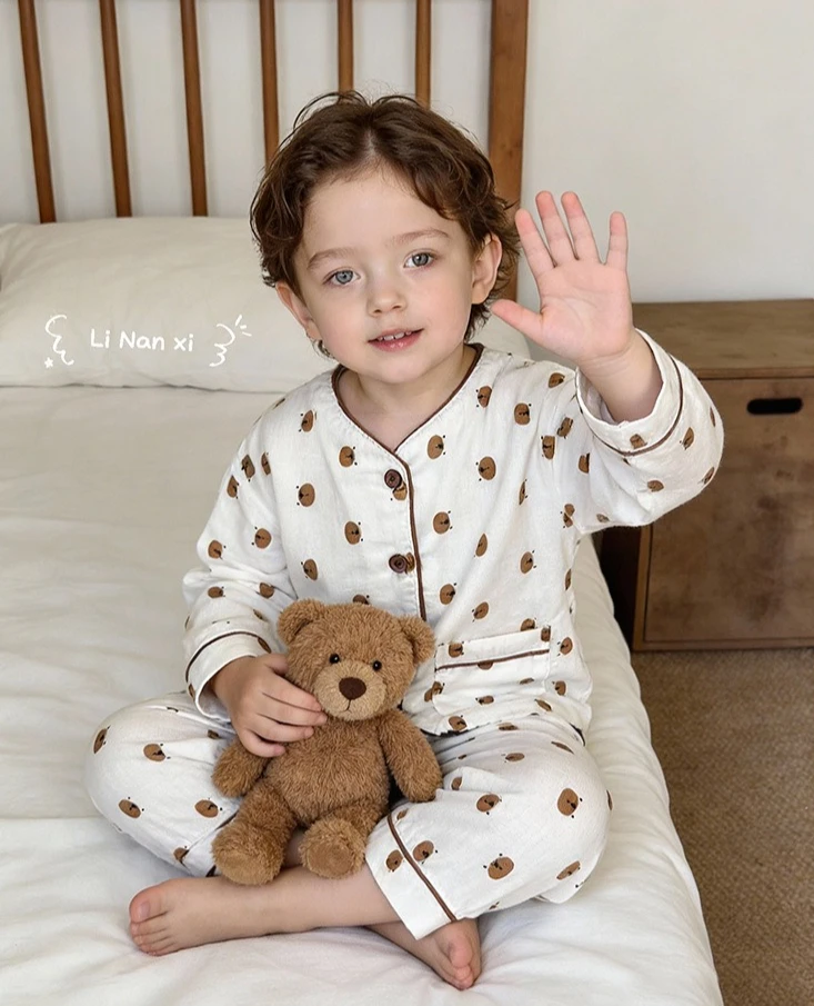 Children Home Clothing Set Double Layer Cotton Yarn 2026 Spring New Girls Pajama Set Cardigan Long Sleeved Two Piece Set