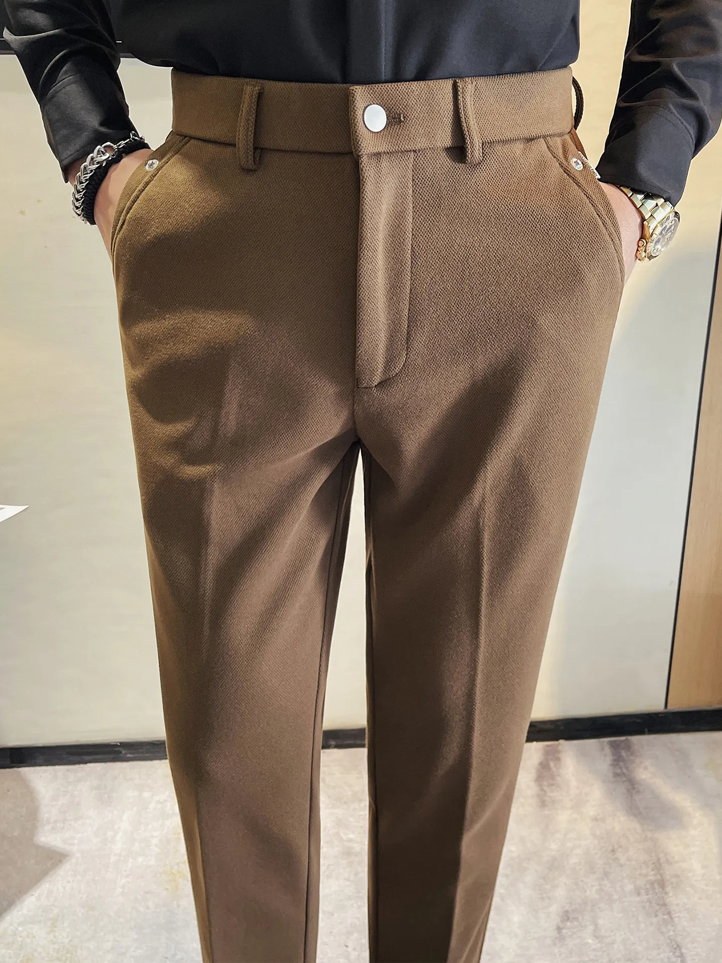 

Autumn Winter Thicken Woolen Casual Pants Men Slim Fit Wrinkle Warm Solid Business Suit Pants Wedding Party Social Trousers