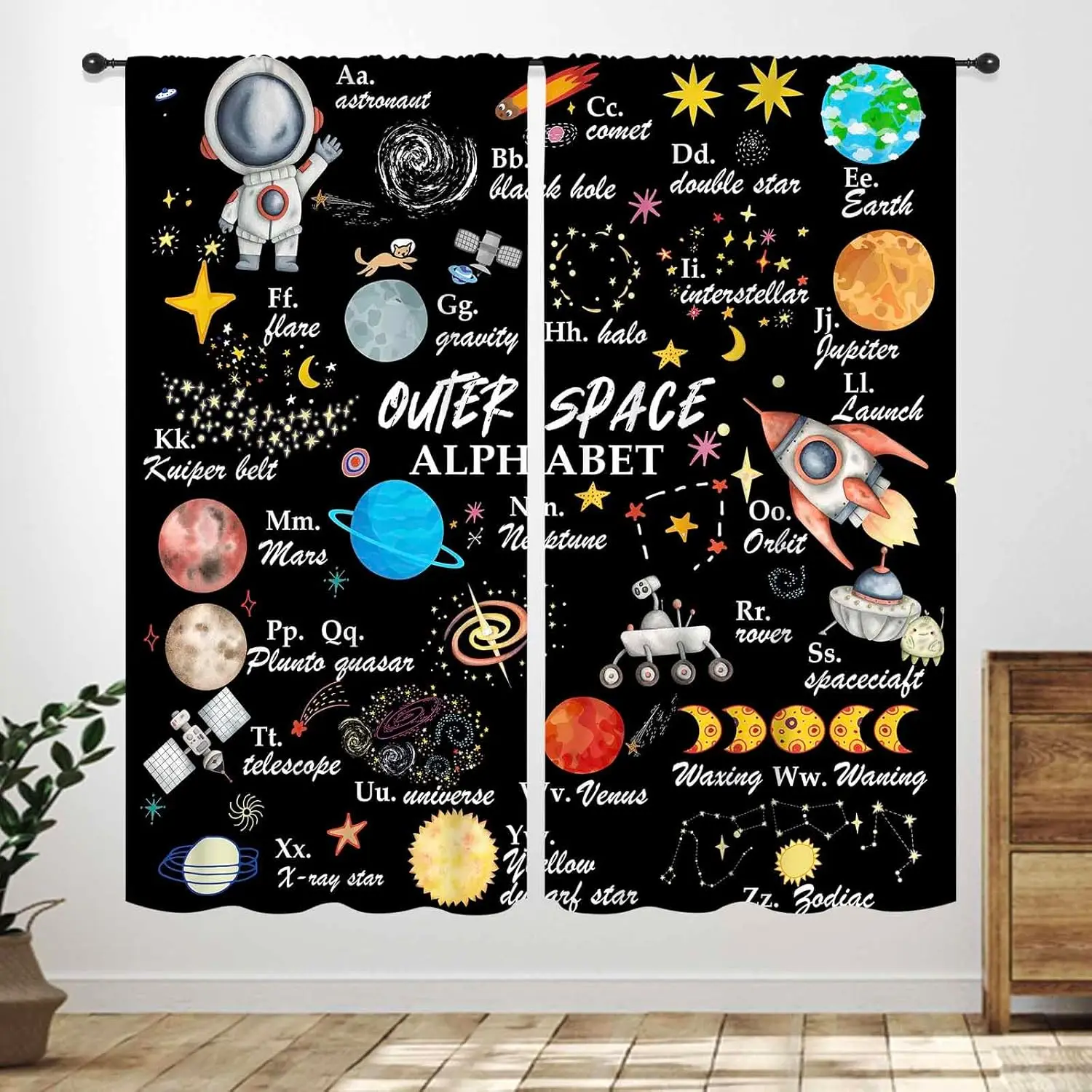 Outer Space Window Curtains for Kids,Cartoon Astronaut Universe Galaxy Planets Window Treatments for Bedroom Living Room Nursery