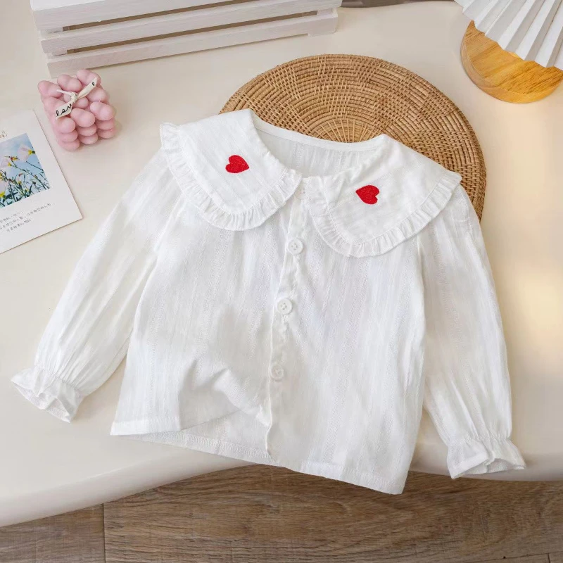 E-BAIHUI Doll Collar Shirts Children\'s White Cuffed Heart Embroidered ShirtSpring/Summer Solid Color Long Sleeved Fashion Top