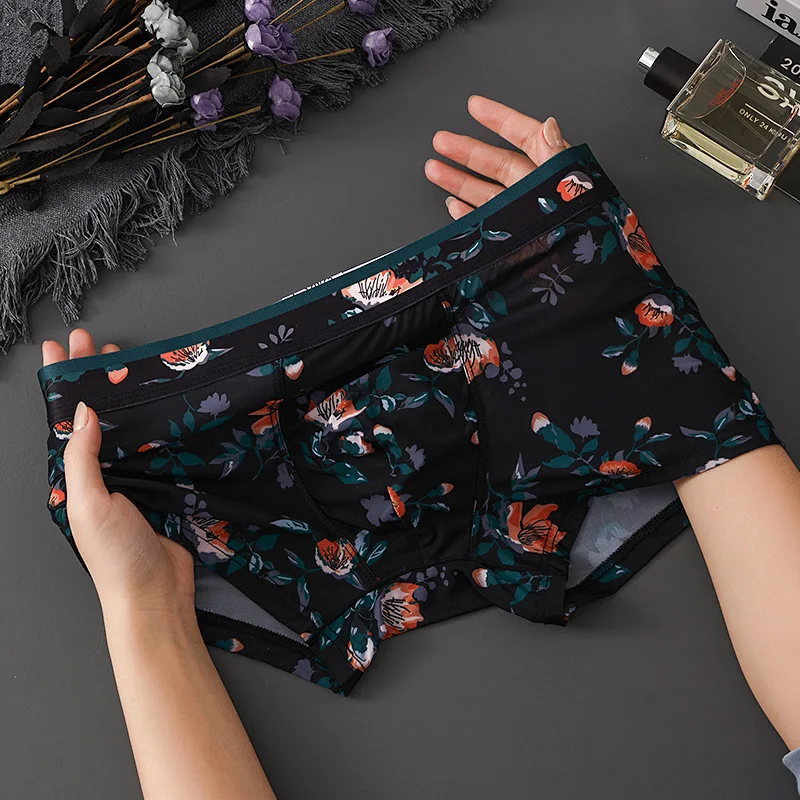 

Men's Boxers Summer Cold Feeling Underwear Ice Silk Panties Quick-Drying Floral Printed U Convex Pouch Lingerie Underpants