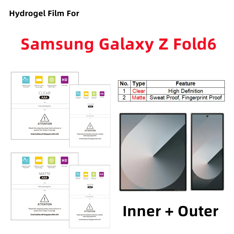 

Внутренняя и внешняя матовая гидрогелевая пленка для Samsung Galaxy Z Fold6, прозрачная защитная пленка для складного телефона Galaxy Z Fold6, защита экрана.