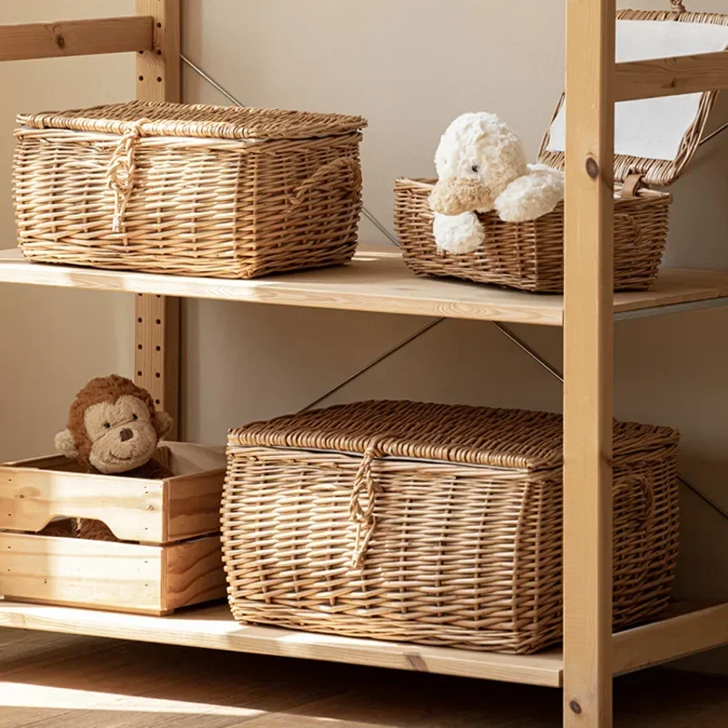 Large Capacity With Cover Rattan Woven Storage Basket Household Basket Children's Toys Dustproof Closet Clothes Finishing Box