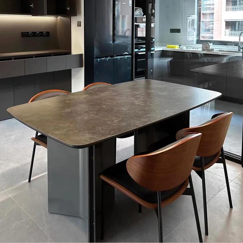 

Simple modern minimalist style black rock slab dining table and chairs rectangular table small apartment