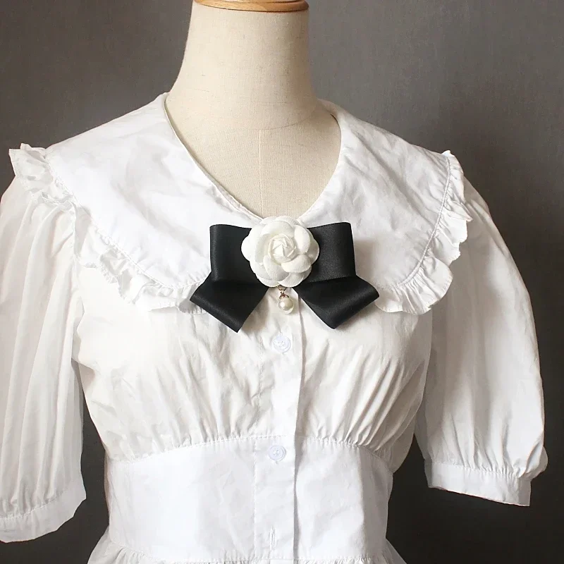 Camellia Bow Tie Brooch for Women's and Girl Suits White Shirt Collar Flower British Korean Fashion Handmade Ribbon Bowtie Pins