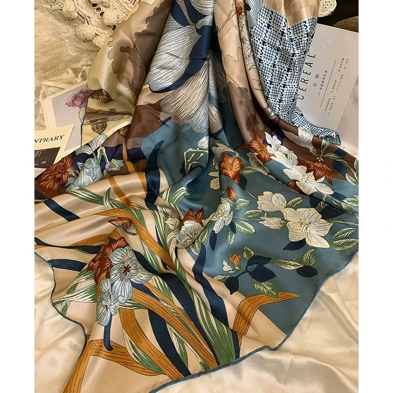 108CM Floral Square 100% Silk Scarf Women High Quality Silk Large Square Bandana Scarves view 2