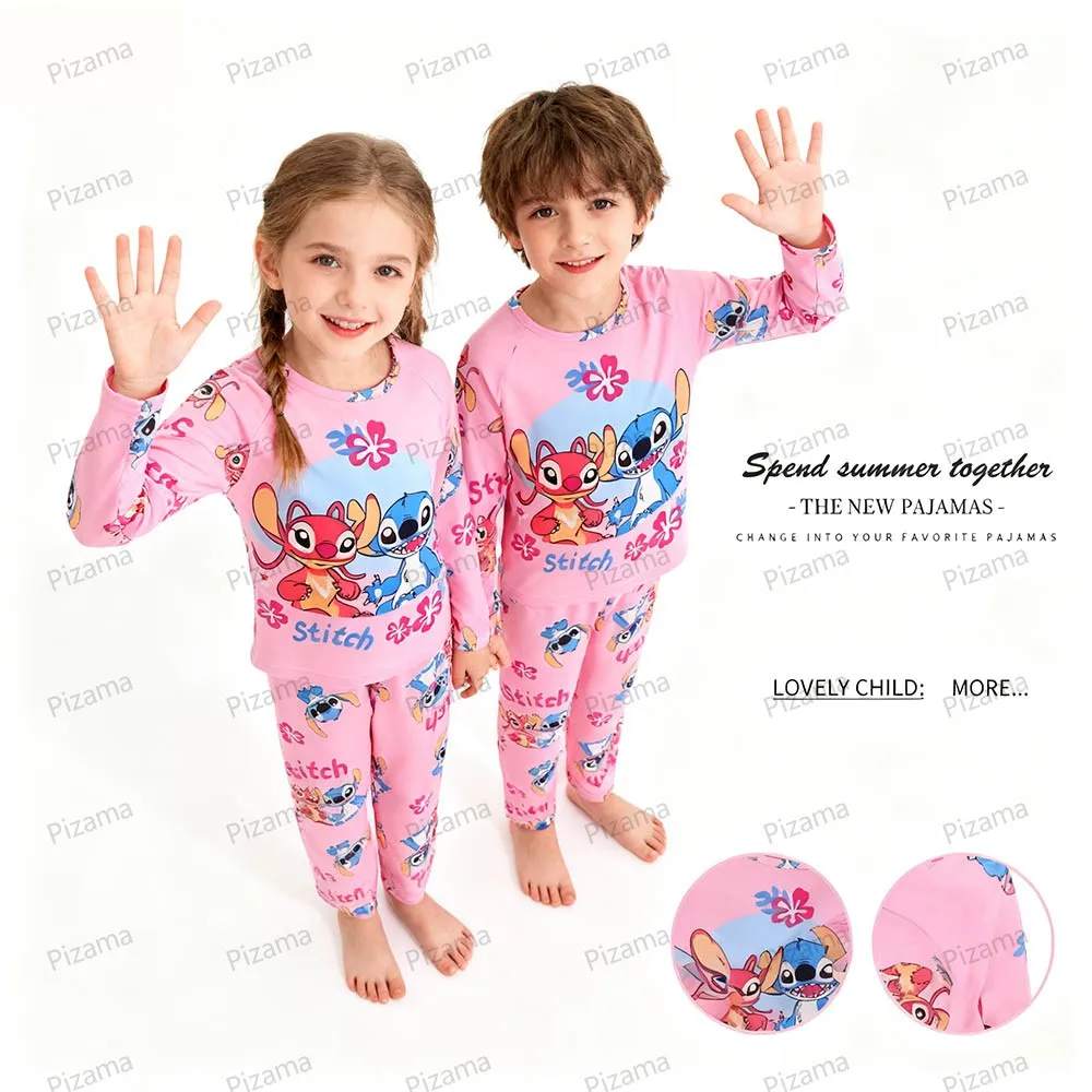 طقم بيجامة للأطفال بأكمام طويلة مع طابع غرزة باللون الوردي، ملابس مريحة للأطفال، ملابس نوم منزلية، ملابس نوم ليلو وستيتش