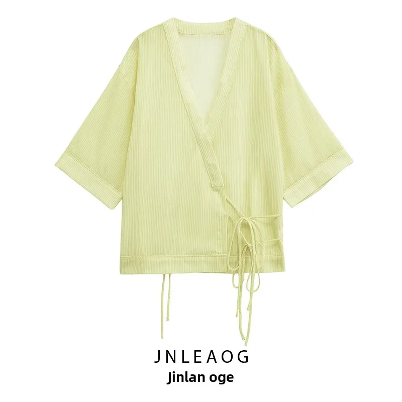 

JNLEAOG Faionable Striped Kimono Jaet Women's ort Outerwear Autumn 2025 V-Ne Five-Sve Polyester Fibre Coat