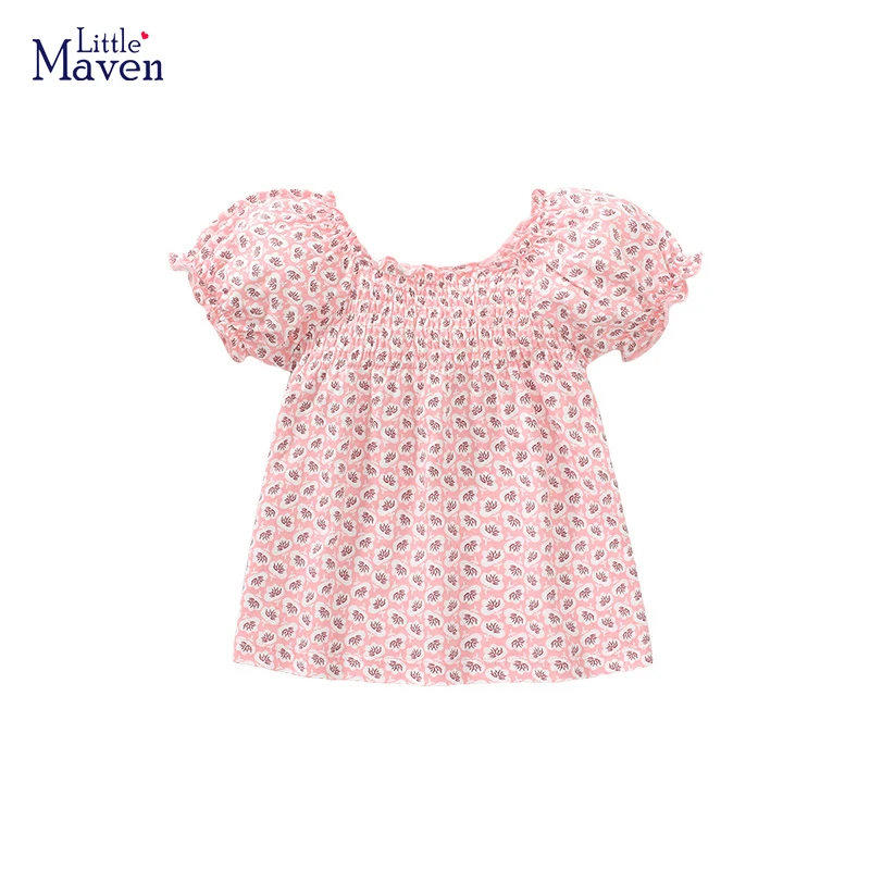 Little maven 2023 New Clothes Child Girls Summer Puff Sleeve Kids Tops Tees Shirts Cotton Princess Children's Clothing Cotton