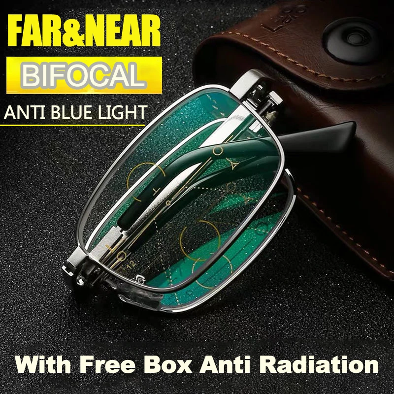 Folding Reading Glasses with Leather Box Unisex Collapsible Metal Lenses Bifocal 4 In 1 Eyewear Anti-blue Light Diopter Glasses